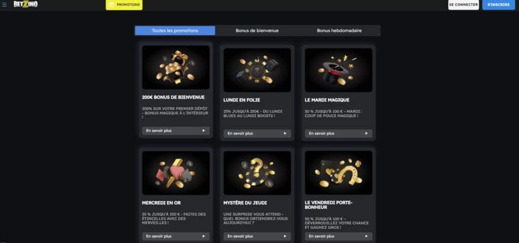 Promotions du casino Betzino