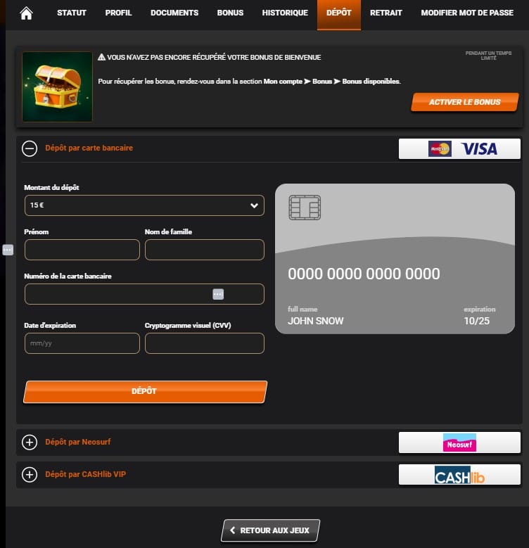 Comment faire un dépôt sur i24Slots Casino