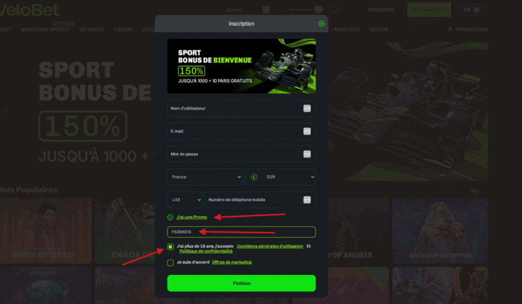 Inscription Velobet Casino étape 2