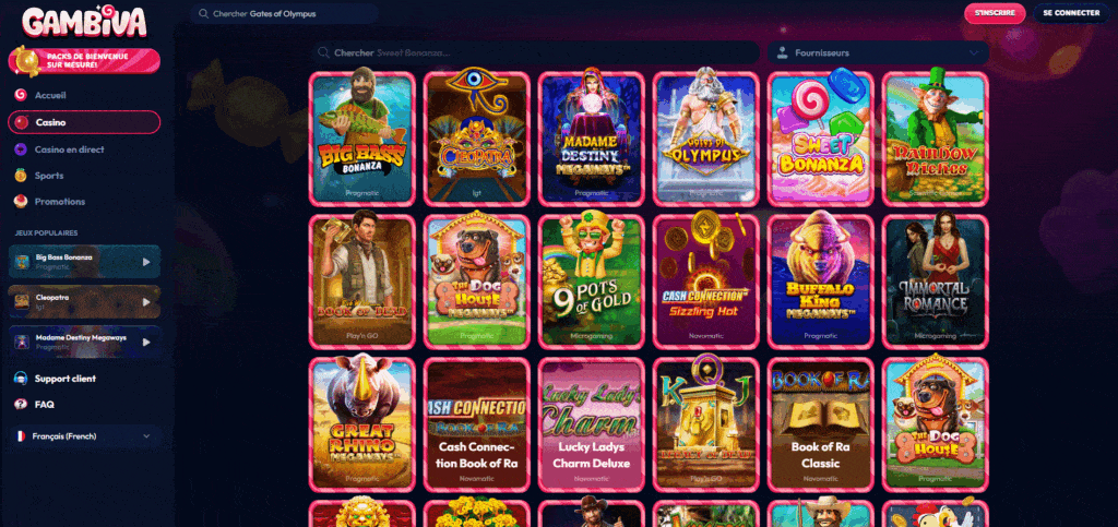 Interface du casino en ligne Gambiva