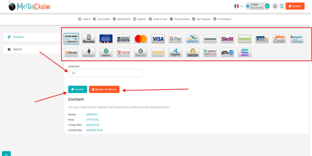 options de paiement merlin casino